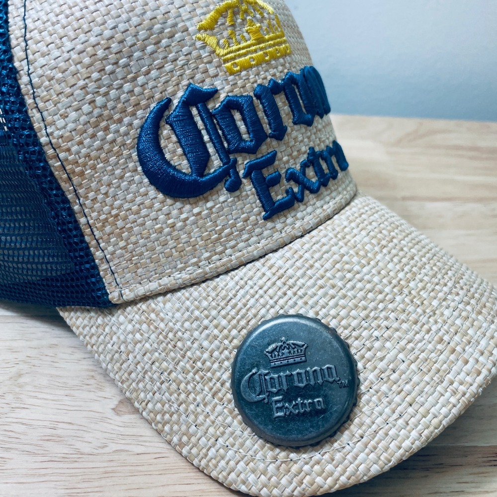 Corona Extra Straw Trucker Hat Navy Mesh Snapback with Built-in Bottle Opener - Picture 2 of 10